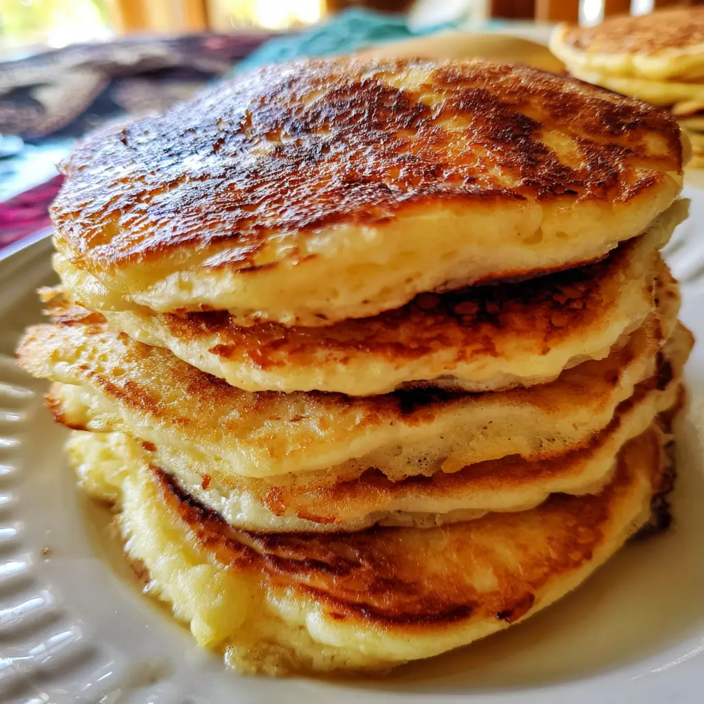 A close-up of a stack of golden-brown, fluffy pancakes on a white plate, illustrating a perfect pancake recipe.