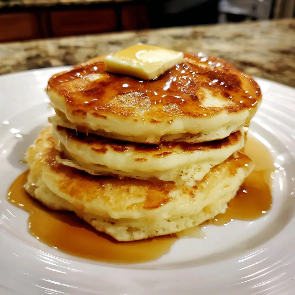 A close-up of a stack of fluffy, syrup-drenched pancakes with melting butter, inspiring a delicious pancake recipe.