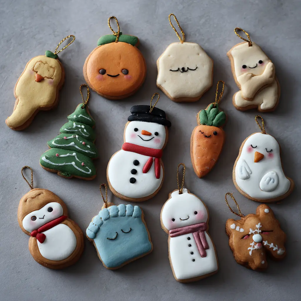 Easy Salt Dough Ornaments Recipe 2 Twelve charming, hand-decorated salt dough ornaments, a delightful result of a creative salt dough ornaments recipe, arranged on a light surface.