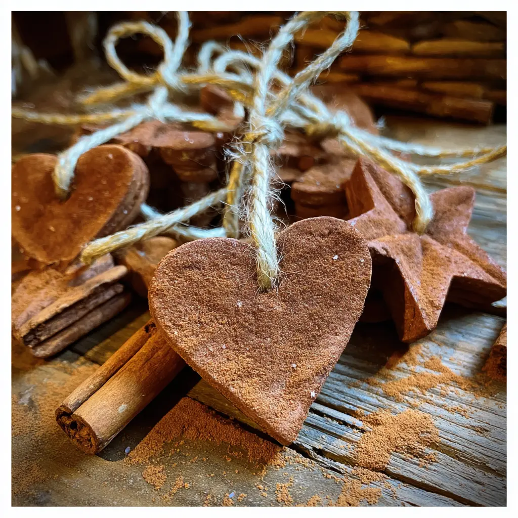 Homemade heart and star-shaped cinnamon ornaments, made with a cinnamon ornament recipe, displayed on weathered wood with cinnamon sticks.