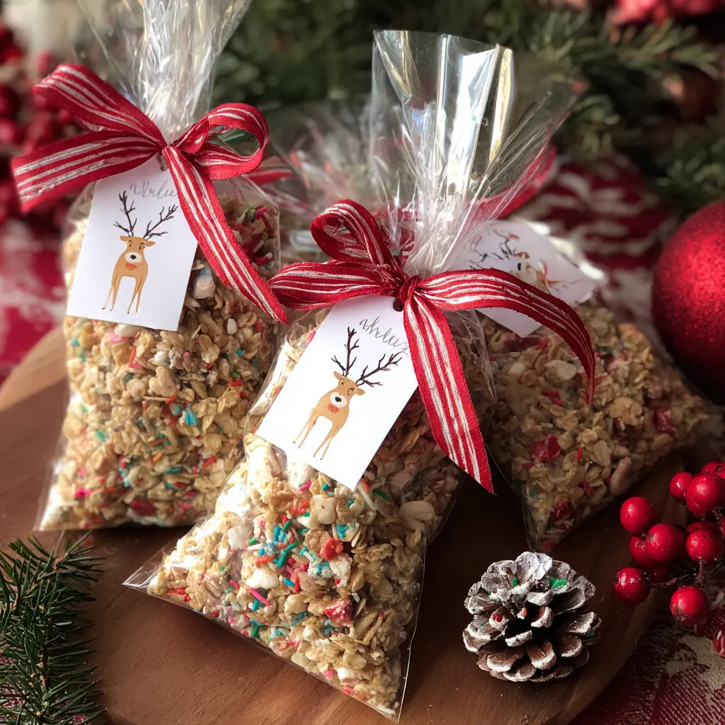 Close-up of festive homemade Christmas treats in cellophane bags, resembling a delicious reindeer food recipe, tied with red and white ribbons and reindeer gift tags on a wooden surface with holiday decorations.