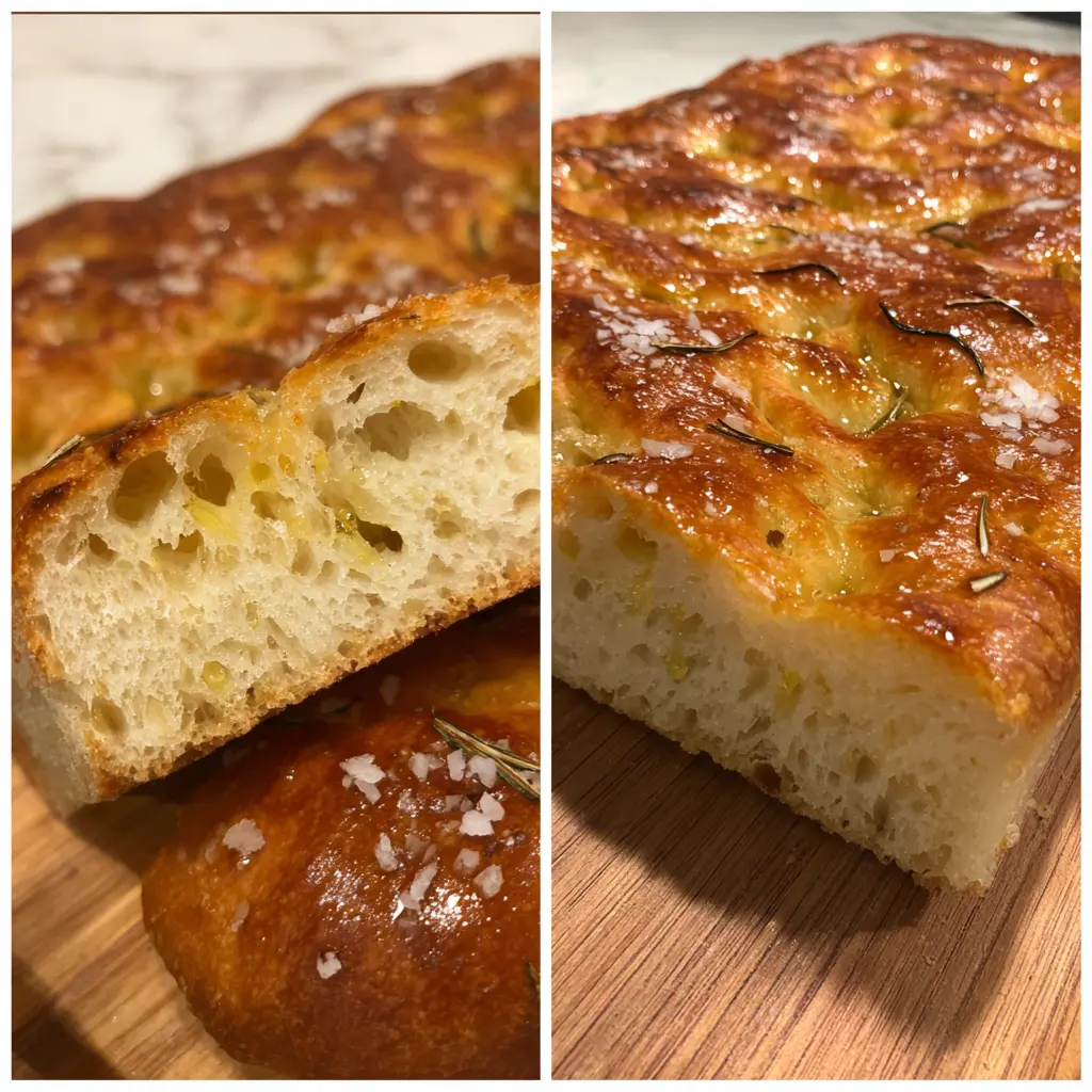 Easy Sourdough Focaccia Recipe for Beginners 2 A beautifully composed diptych showcasing a freshly baked sourdough focaccia with rosemary and sea salt, revealing its airy crumb and golden crust. Perfect for a sourdough focaccia recipe.