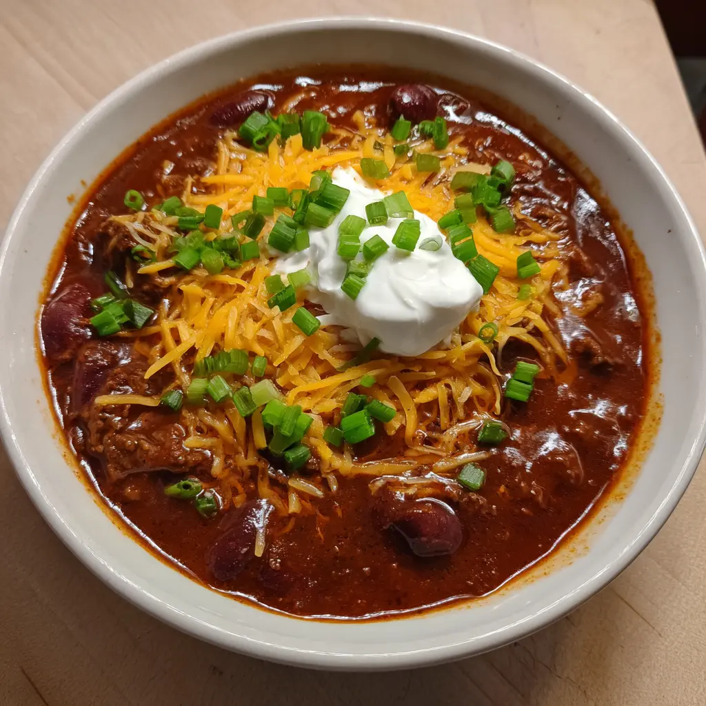 Hearty & Delicious Venison Chili Recipe 2 A hearty bowl of venison chili recipe topped with melted cheese, sour cream, and fresh green onions on a wooden table.