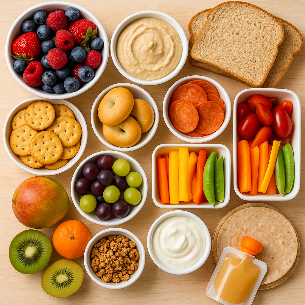 School lunch ideas 2 A flat lay of no-cook school lunch ingredients including mini bagels, whole grain crackers, pepperoni slices, yogurt, mango cubes, grapes, blueberries, snap peas, carrots, cherry tomatoes, peanut butter, jelly, applesauce pouch, and tortillas arranged on a wooden surface.