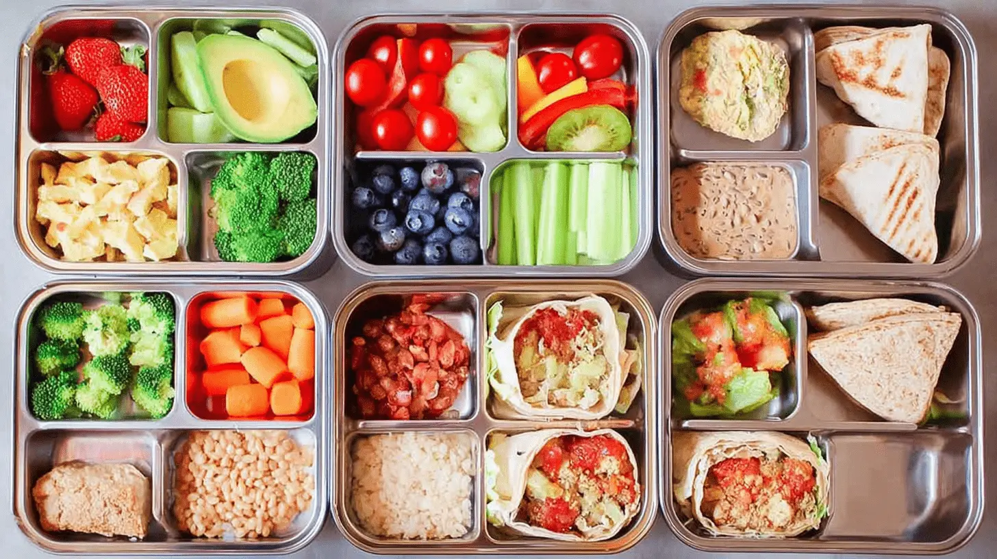 25 Easy & Healthy Toddler Lunch Ideas for Picky Eaters 2 Six stainless steel bento boxes showcasing a variety of healthy toddler lunch ideas, featuring fruits, vegetables, and whole grains.