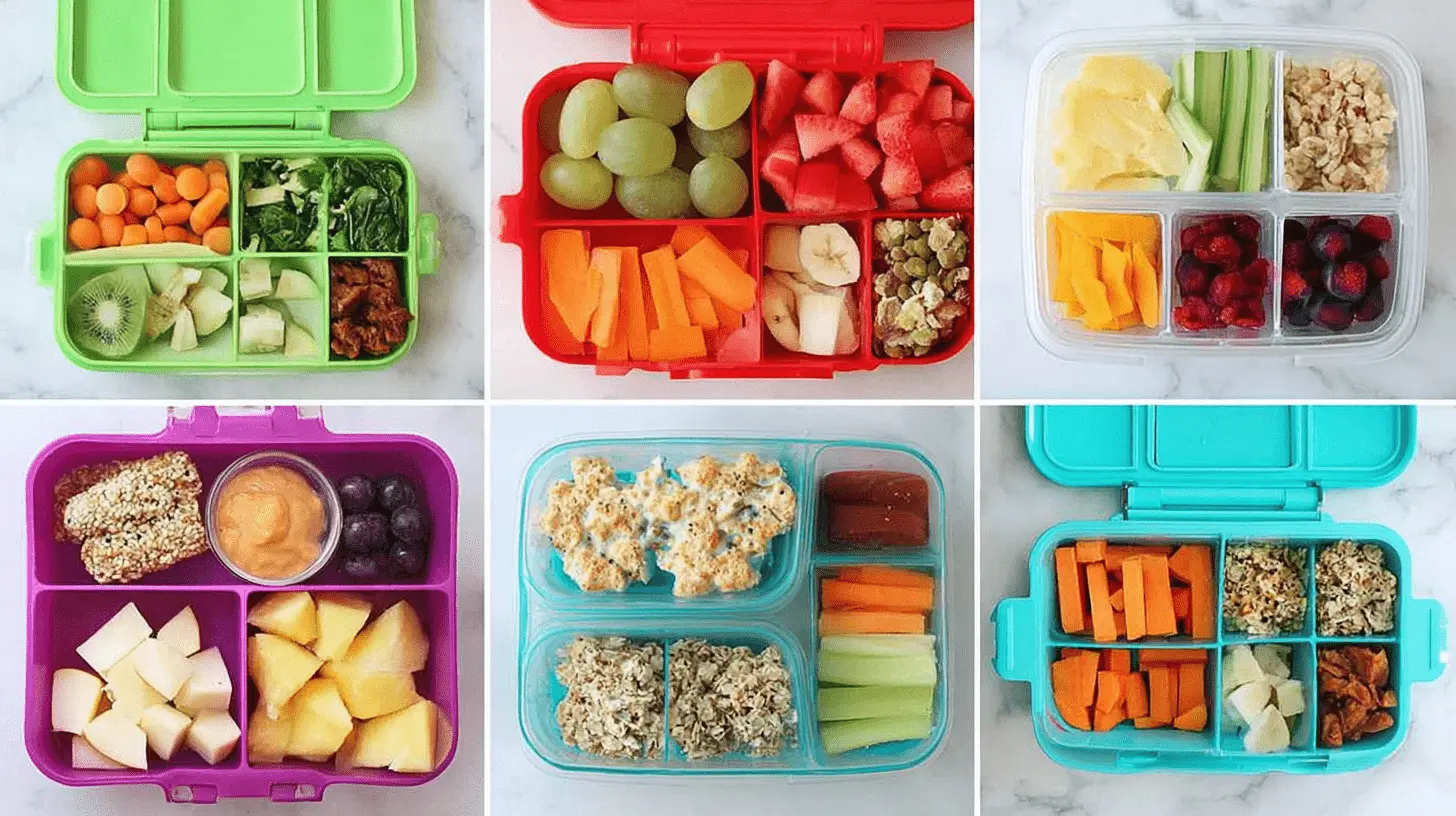 15 Easy Toddler Lunch Ideas for Daycare (No Reheating!) 2 A vibrant grid of six open bento-style lunchboxes filled with colorful fruits, vegetables, and healthy snacks, showcasing diverse toddler lunch ideas for daycare.