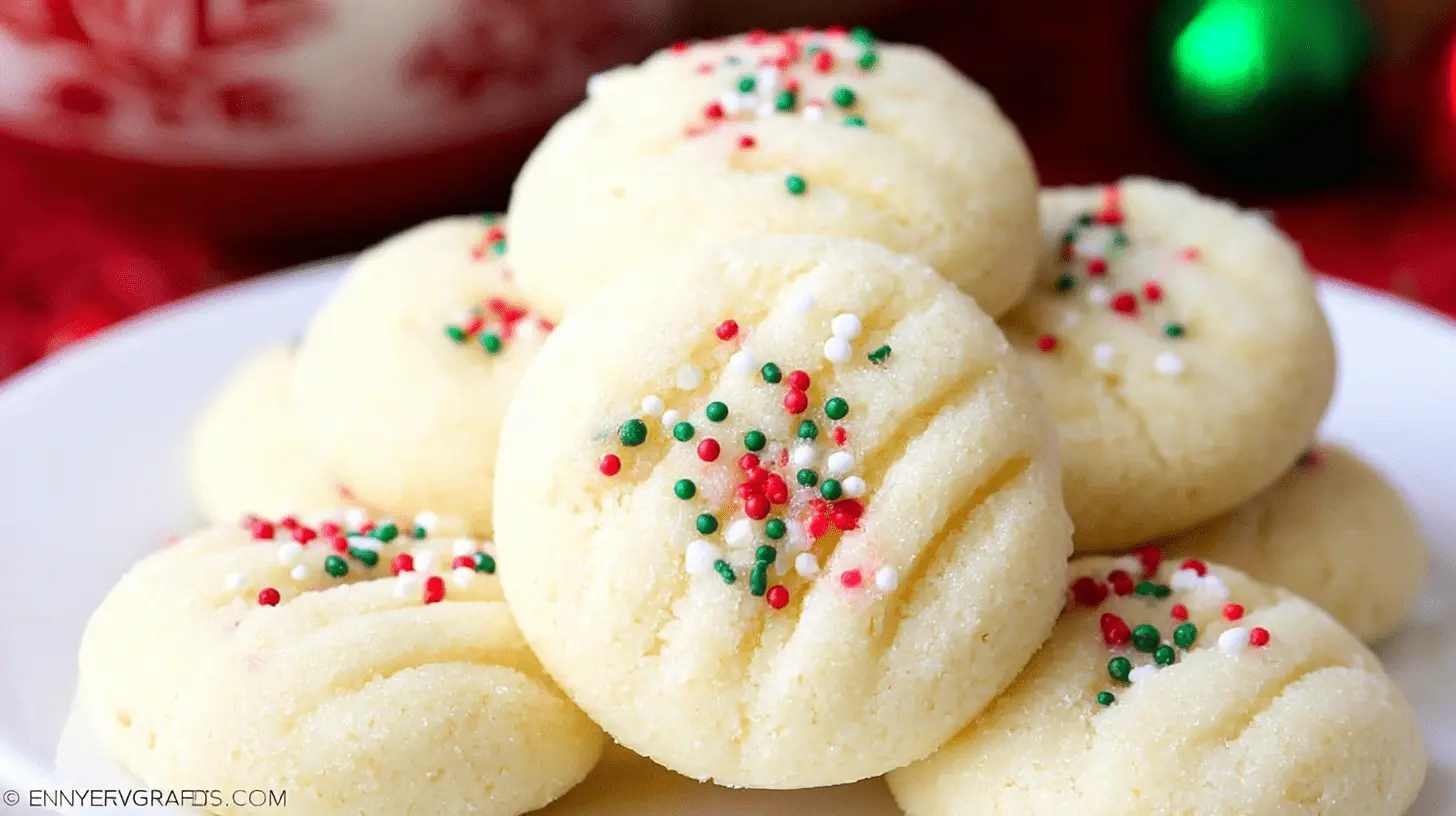 Whipped Shortbread Cookies 2 Close-up of festive Whipped Shortbread Cookies piled on a white plate, covered in red, green, and white Christmas sprinkles.