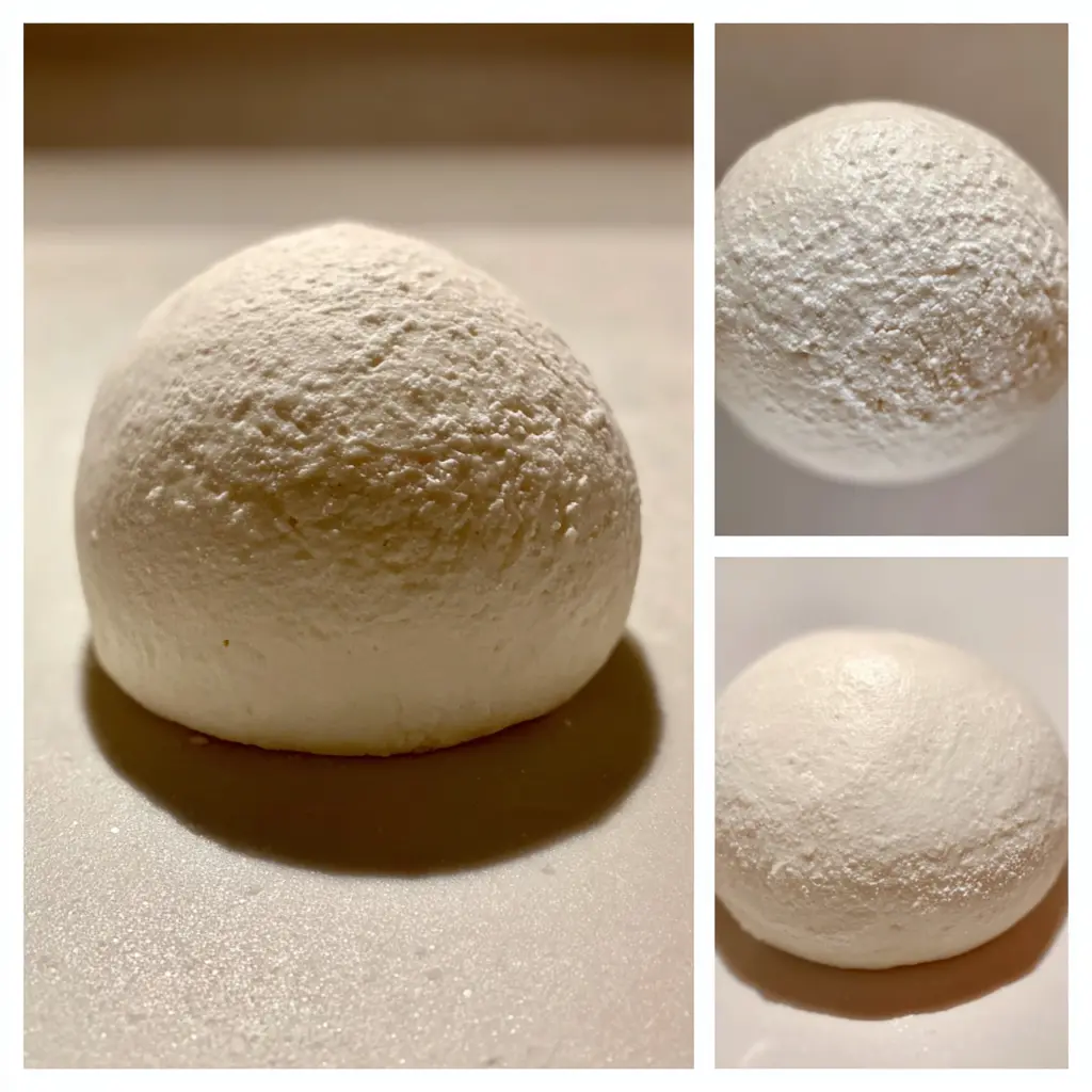 Close-up collage showing a textured ball of freshly prepared salt dough, ready for crafts or baking, highlighting the unique surface from different angles in this salt dough recipe.