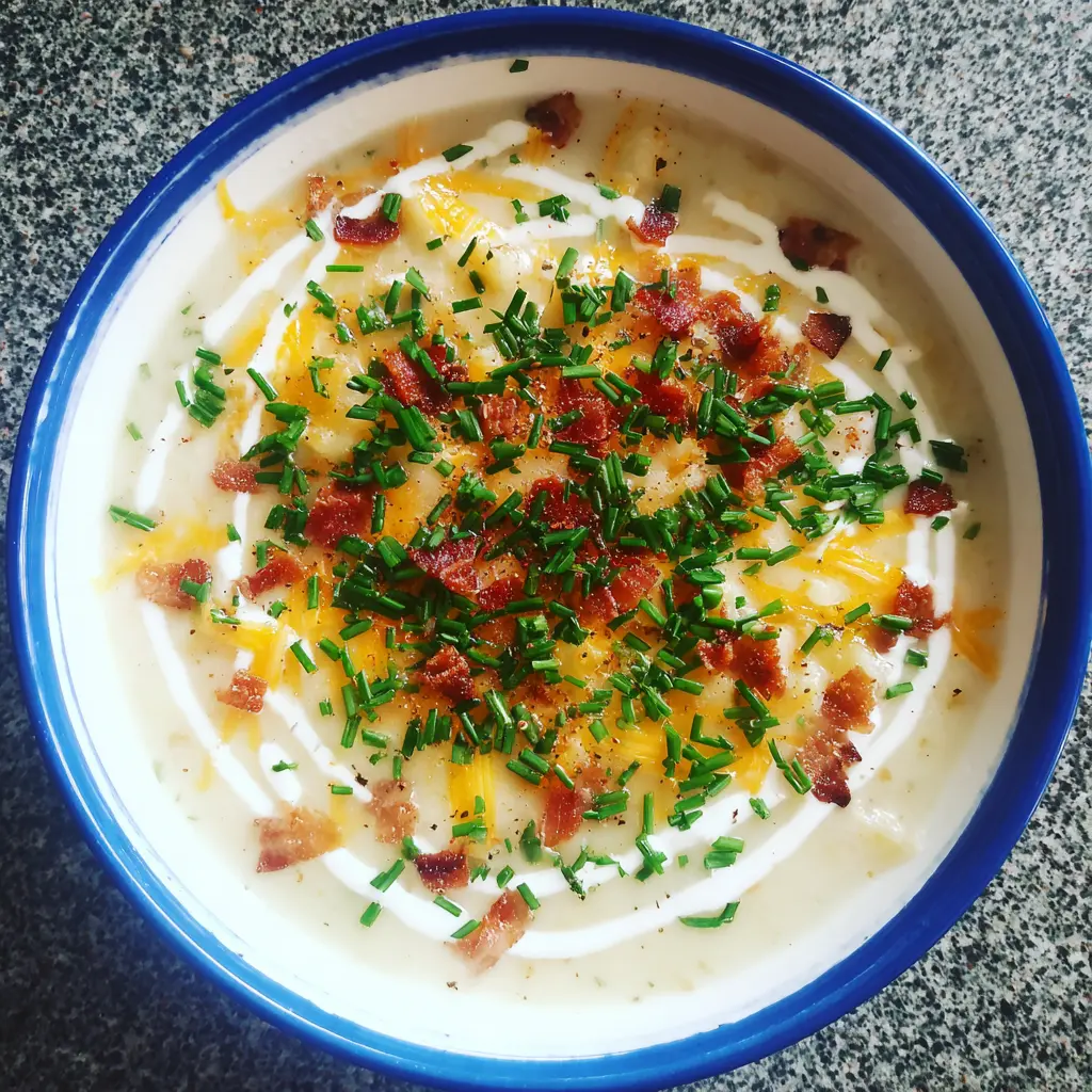 A top-down view of a generously garnished bowl of creamy crockpot potato soup recipe, topped with melted cheddar cheese, crispy bacon, fresh chives, and a sour cream drizzle in a white bowl with a blue rim.