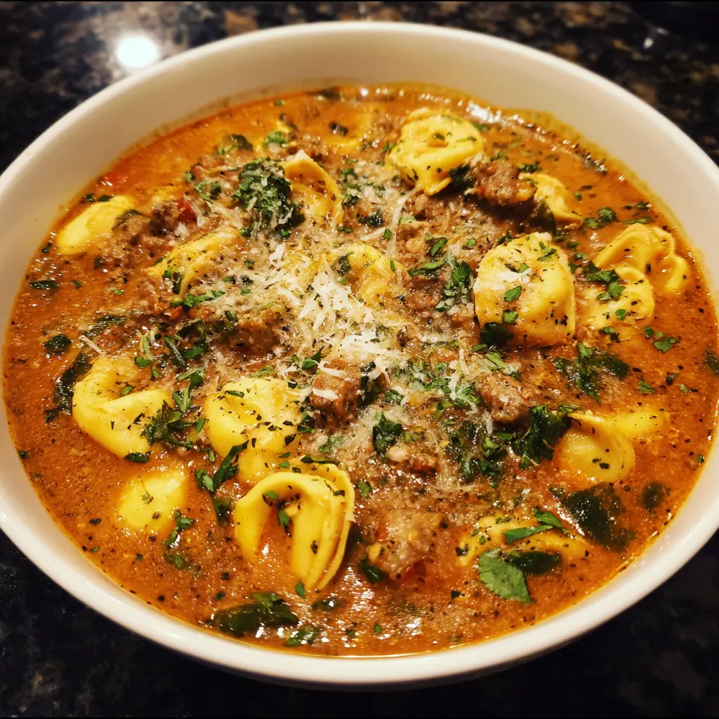 Creamy Italian Sausage Tortellini Soup Recipe 2 Close-up of a hearty, creamy tortellini soup with ground meat, spinach, and Parmesan in a white bowl.