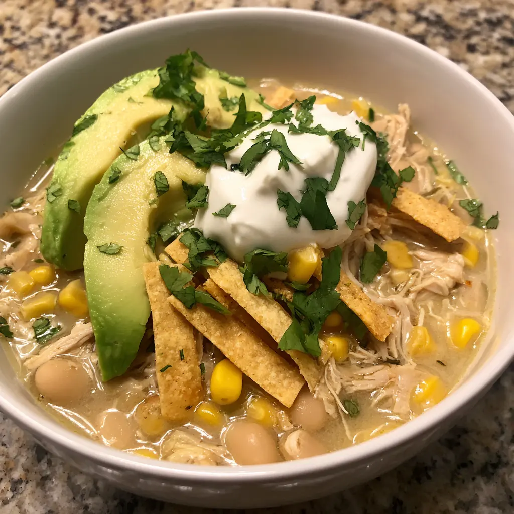 A hearty bowl of white chicken chili, garnished with avocado, sour cream, cilantro, and tortilla strips, inspired by white chicken chili crockpot recipes.