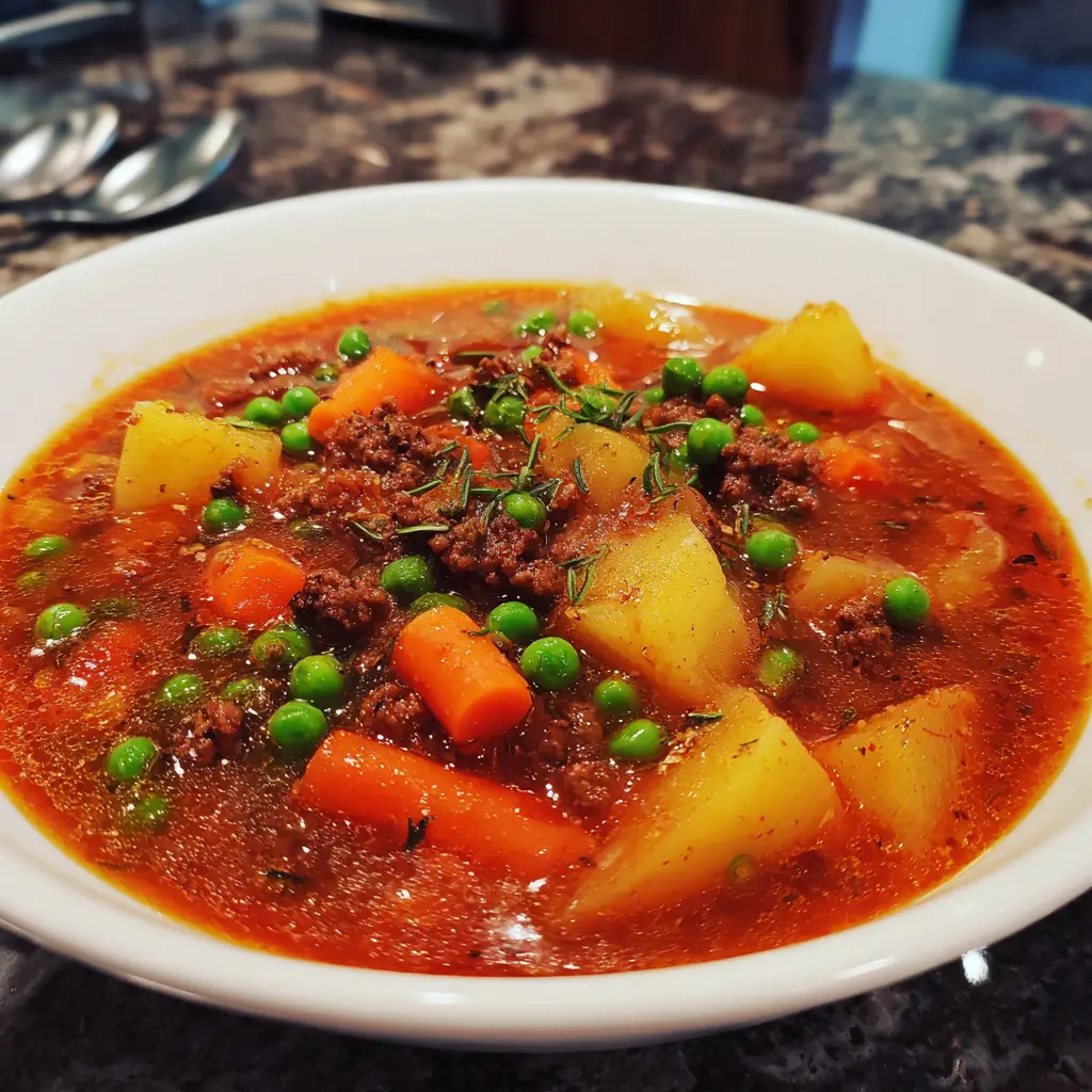 Hearty Hamburger Crockpot Stew Recipe 2 Savory ground beef and vegetable stew in a white bowl, perfect for hamburger crockpot recipes.