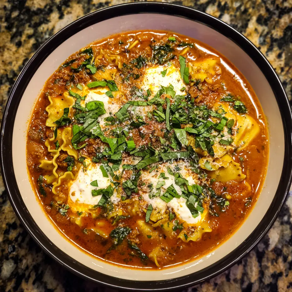 Hearty bowl of lasagna soup recipe with ricotta, fresh basil, and ruffled pasta on a textured countertop.