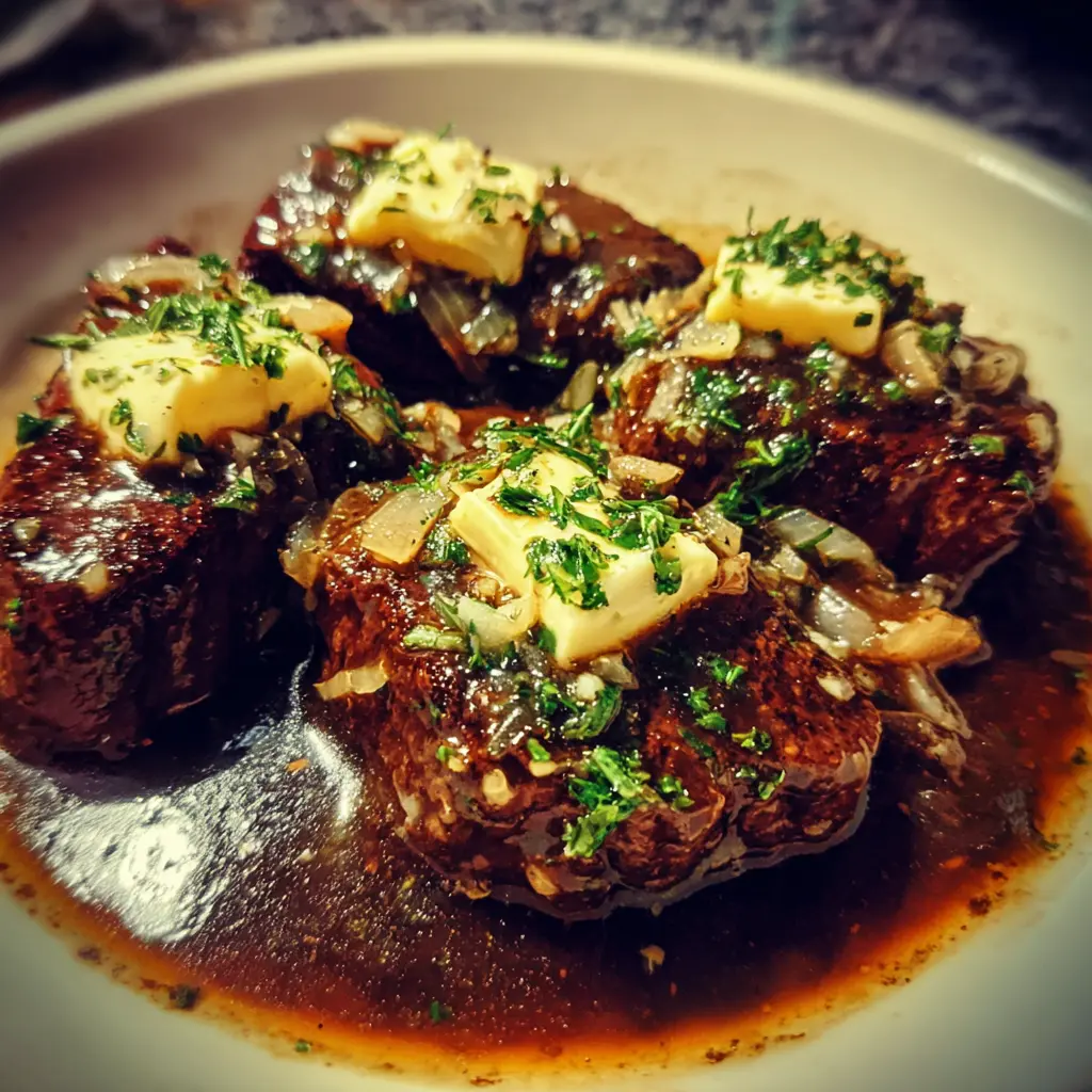 Melt-in-Your-Mouth Garlic Butter Steak Bites: The Best Crockpot Steak Recipe 2 Tender slow-cooked beef, a perfect example of steak crockpot recipes, garnished with melting butter and fresh parsley.