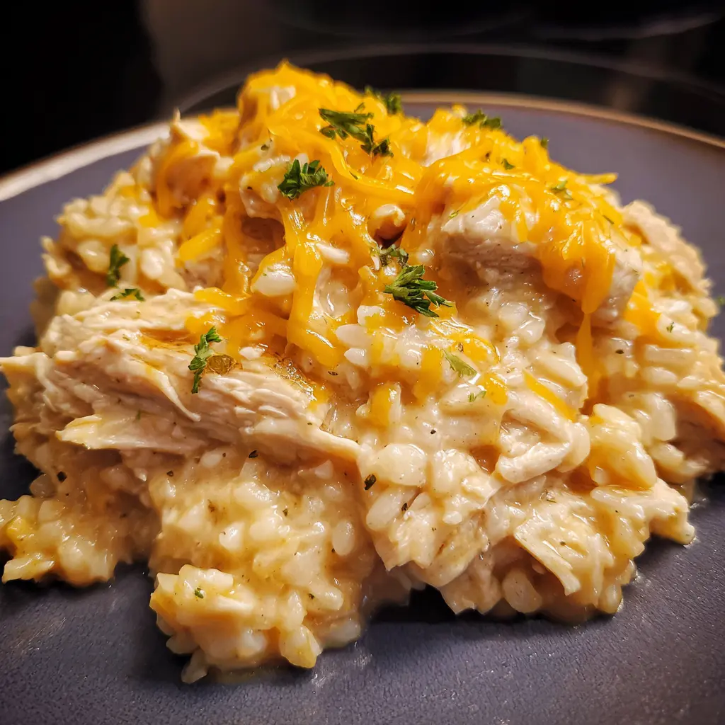 The Easiest Chicken and Rice Crockpot Recipe 2 Hearty, creamy chicken and rice dish with melted cheddar and fresh parsley, ideal for chicken and rice crockpot recipes.