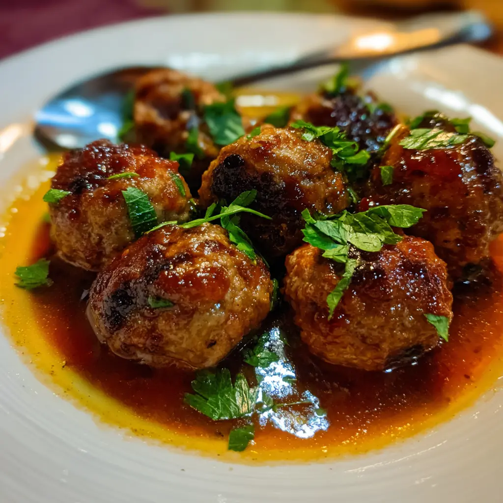 Easy Meatball Crockpot Recipes: The Best Sweet & Tangy Slow Cooker Meatballs 2 Close-up of glossy meatballs garnished with fresh herbs, perfect for delicious meatball crockpot recipes.