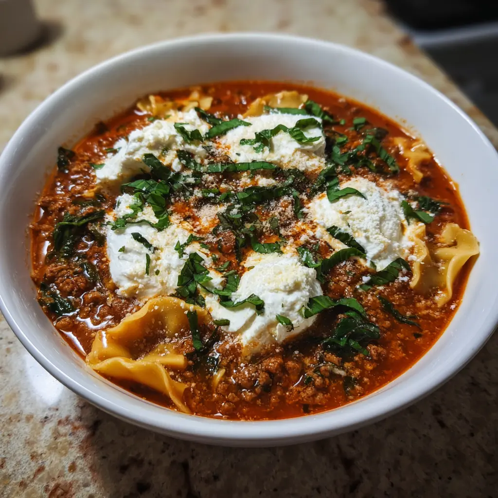 A hearty bowl of creamy lasagna soup recipe, topped with ricotta, fresh herbs, and parmesan cheese.