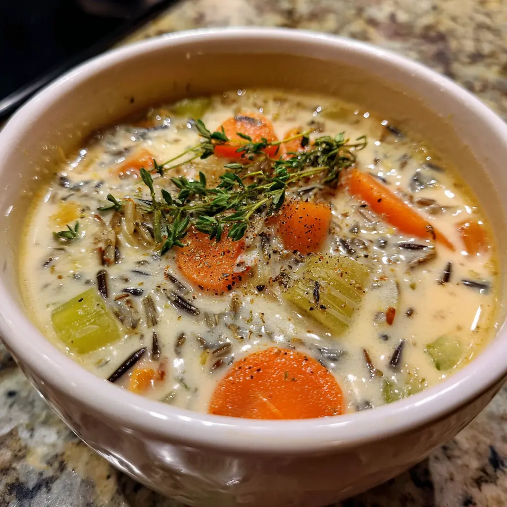 A beautifully presented bowl of creamy wild rice soup, garnished with fresh thyme, perfect for a wild rice soup recipe.
