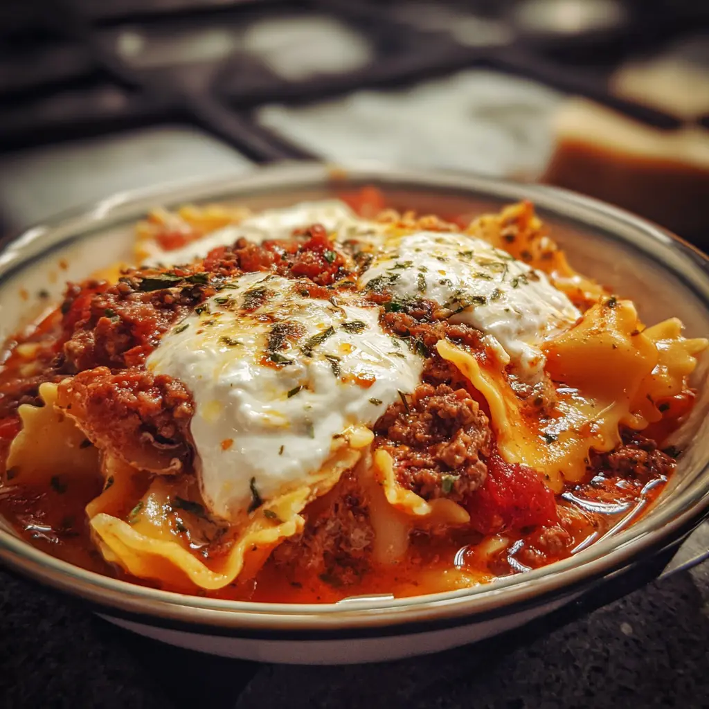 A close-up of a delicious bowl of crockpot lasagna soup recipe, featuring ruffled pasta, rich meat sauce, and creamy white ricotta cheese, garnished with herbs.