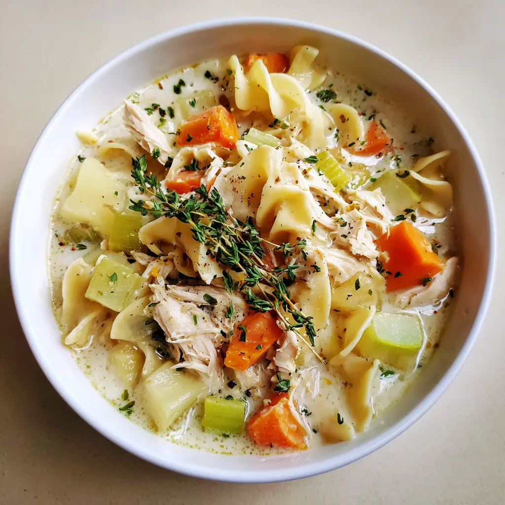 Creamy chicken soup recipe with noodles, vegetables, and fresh thyme garnish.