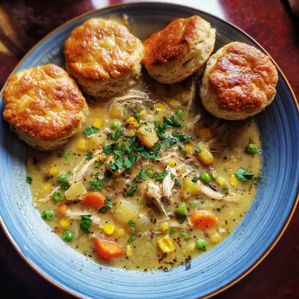 Hearty chicken pot pie soup recipe served in a blue bowl with golden biscuits.