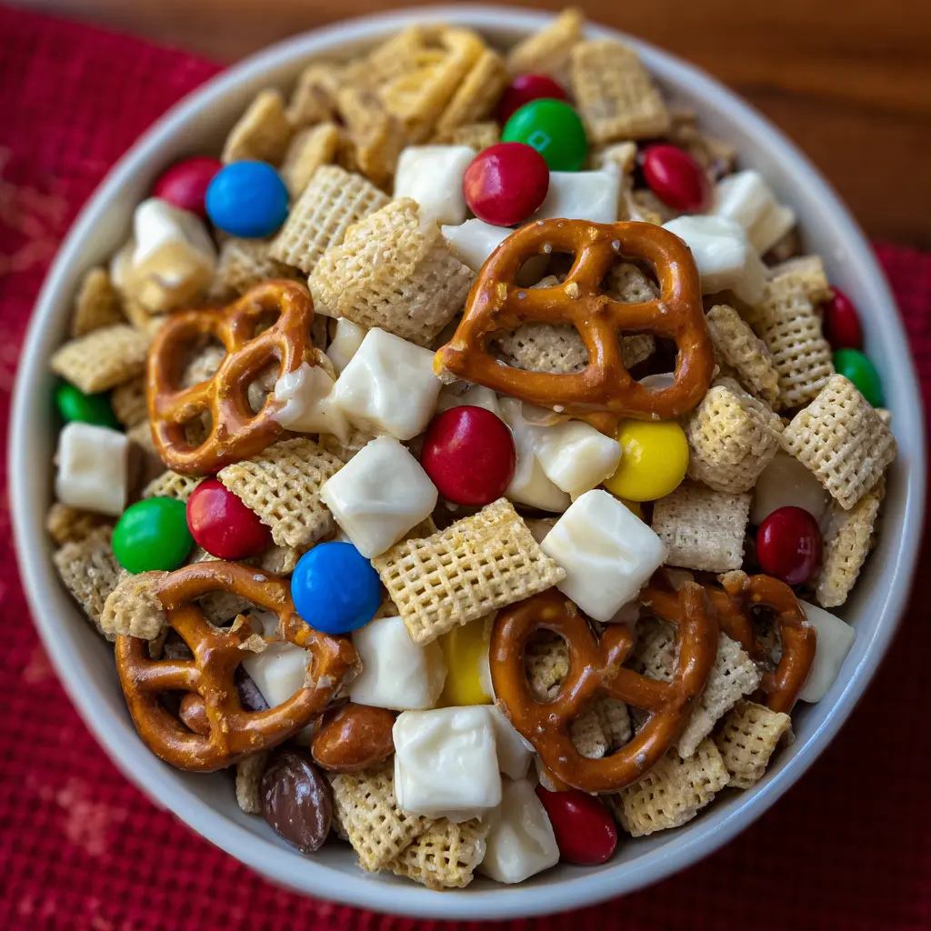 Vibrant overhead view of a festive Christmas Chex Mix recipe in a white bowl, featuring Chex cereal, pretzels, white chocolate, and colorful M&M's on a red tablecloth.