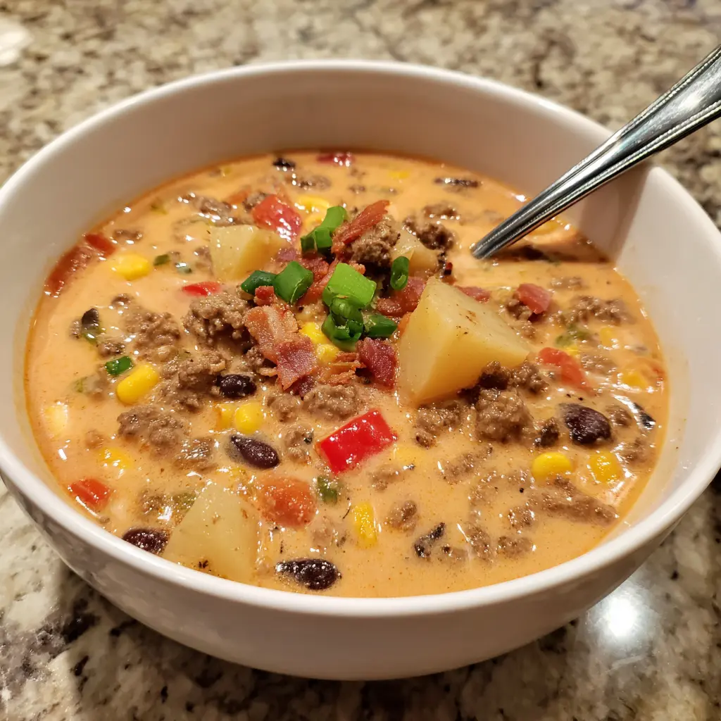 Close-up of a hearty cowboy soup recipe in a white bowl, garnished with crispy bacon bits and fresh green onions.
