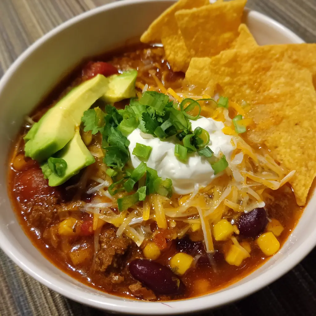 A vibrant close-up of a hearty taco soup recipe bowl, generously topped with fresh avocado, sour cream, cheese, and crispy tortilla chips.