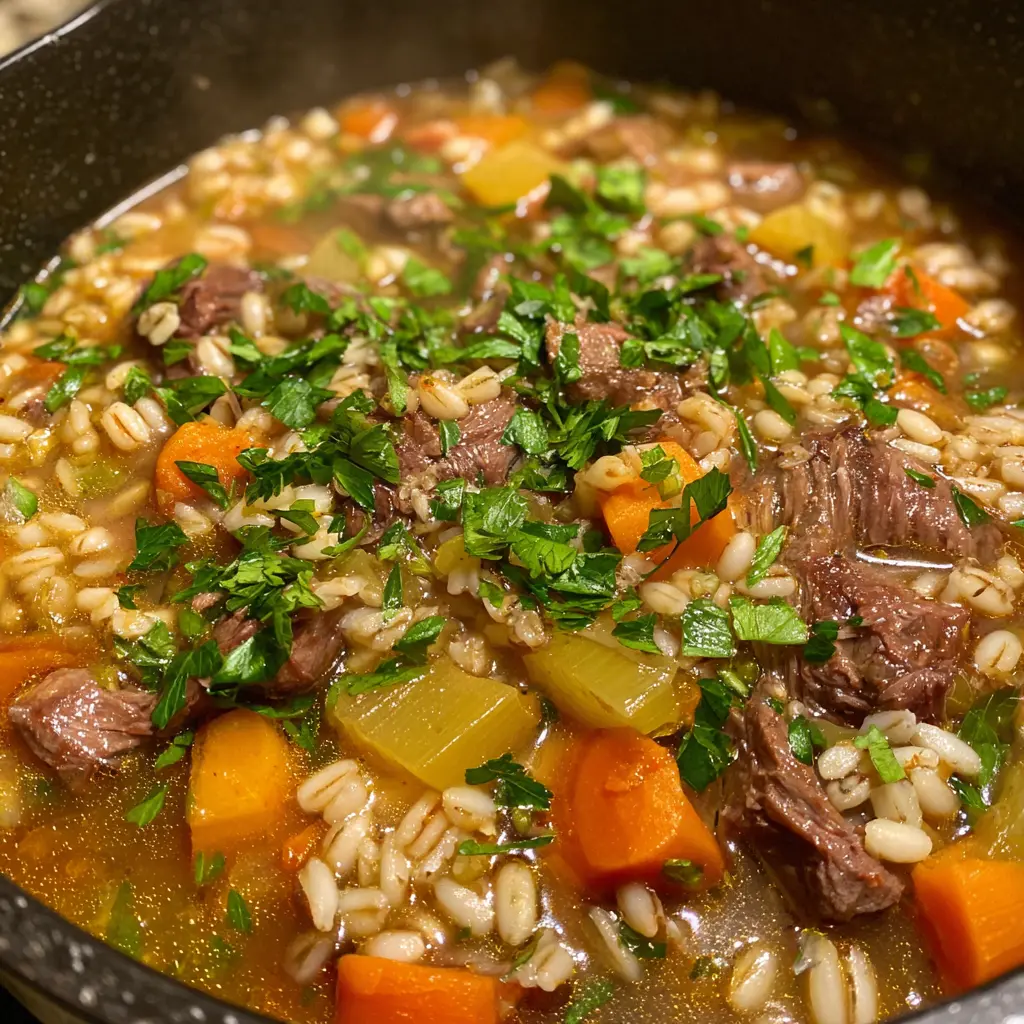 Close-up top-down view of a hearty beef barley soup recipe, brimming with tender beef, vegetables, and fresh parsley.