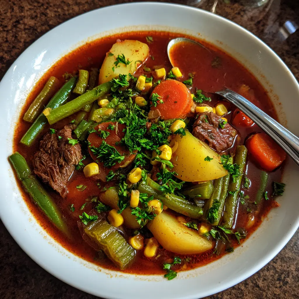 Hearty beef vegetable soup recipe in a white bowl with chunks of beef, potatoes, carrots, corn, and green beans, garnished with fresh parsley.