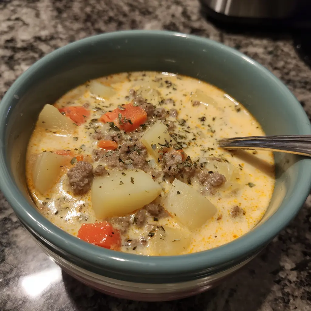 A close-up of a creamy, hearty cheeseburger soup recipe, garnished with herbs and served in a teal bowl, showcasing potatoes, carrots, and ground beef.