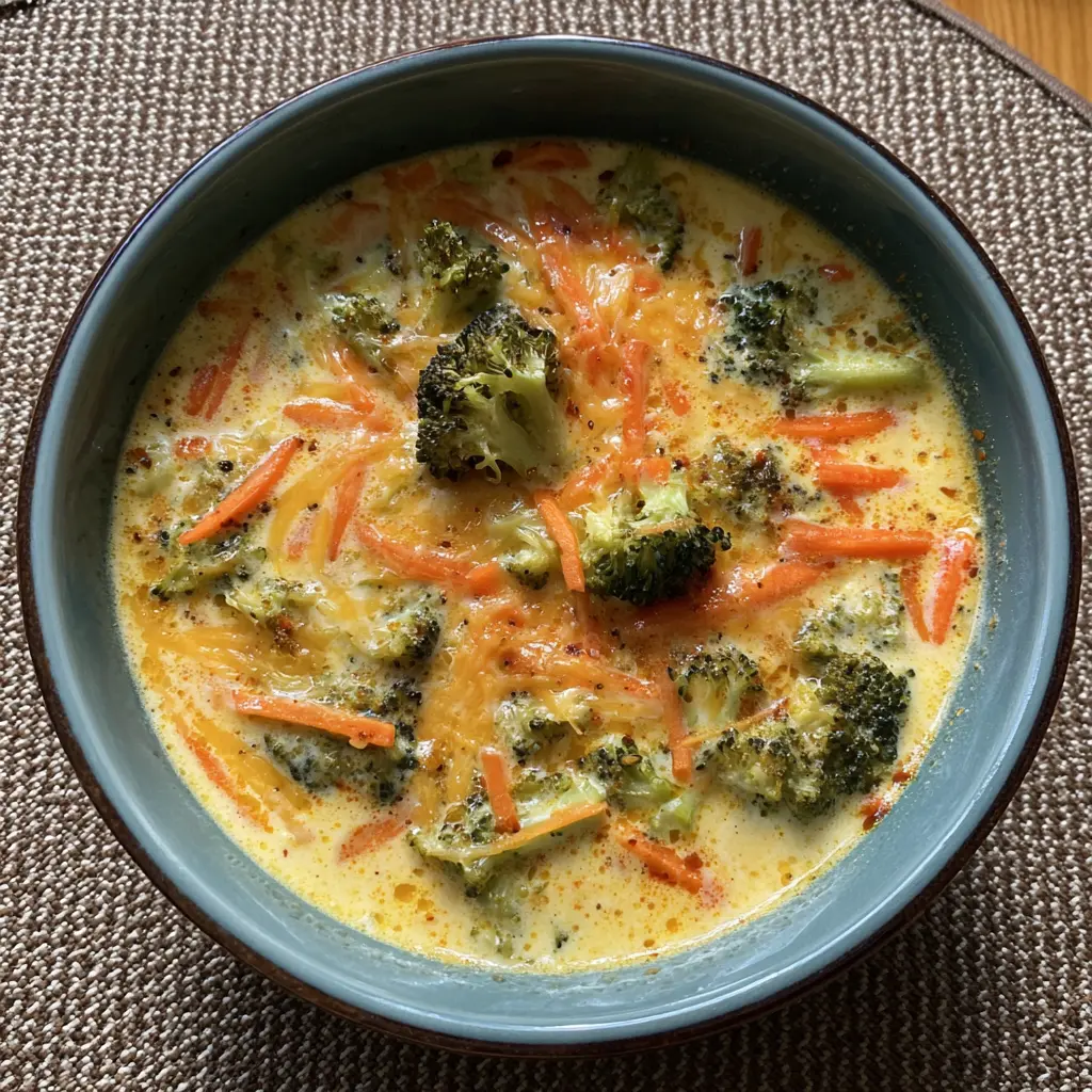 A vibrant, creamy broccoli cheddar soup recipe with fresh broccoli florets, carrot strips, and melted cheddar cheese in a teal bowl.