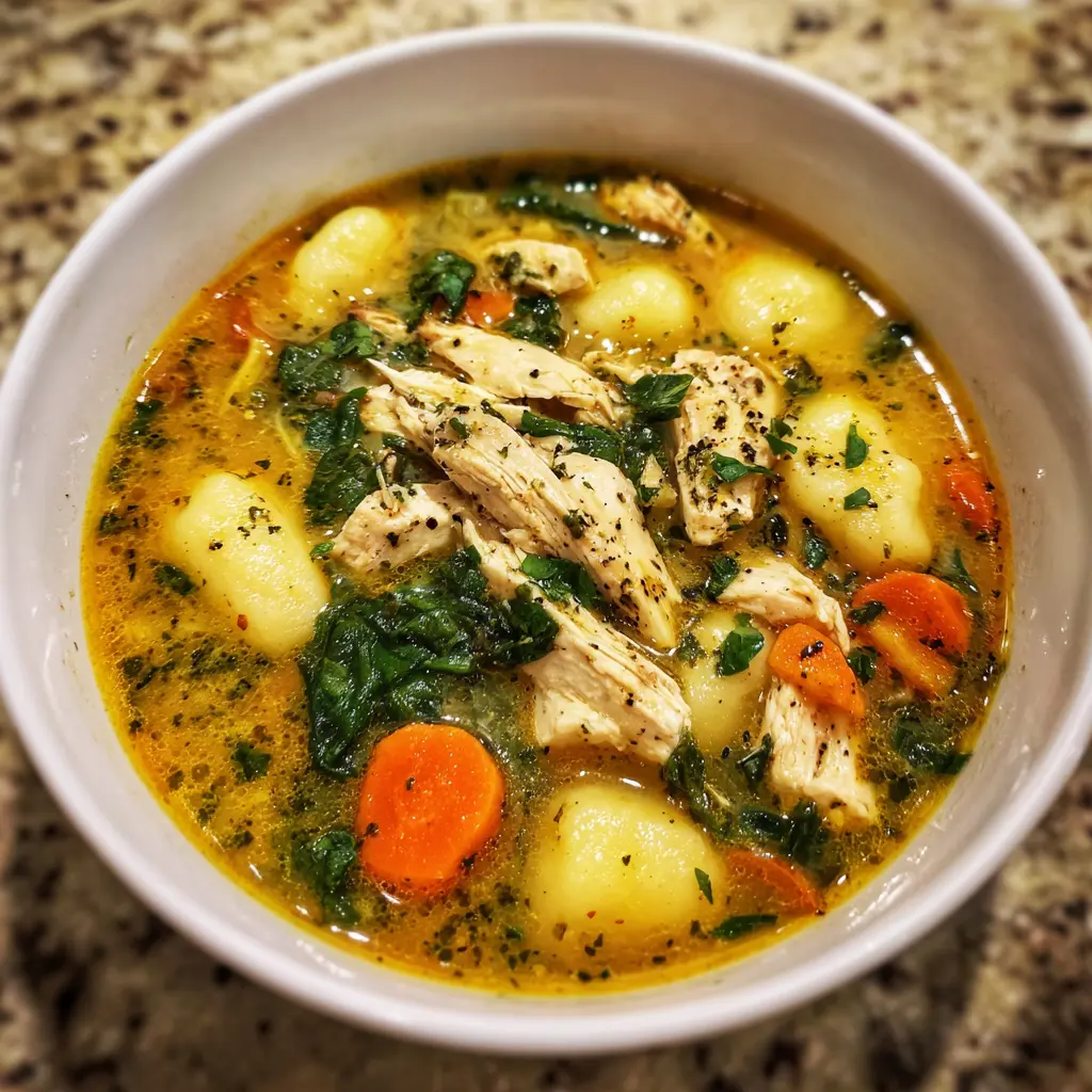 A close-up, top-down view of a steaming, hearty bowl of chicken and gnocchi soup, perfect for a comforting gnocchi soup recipe.