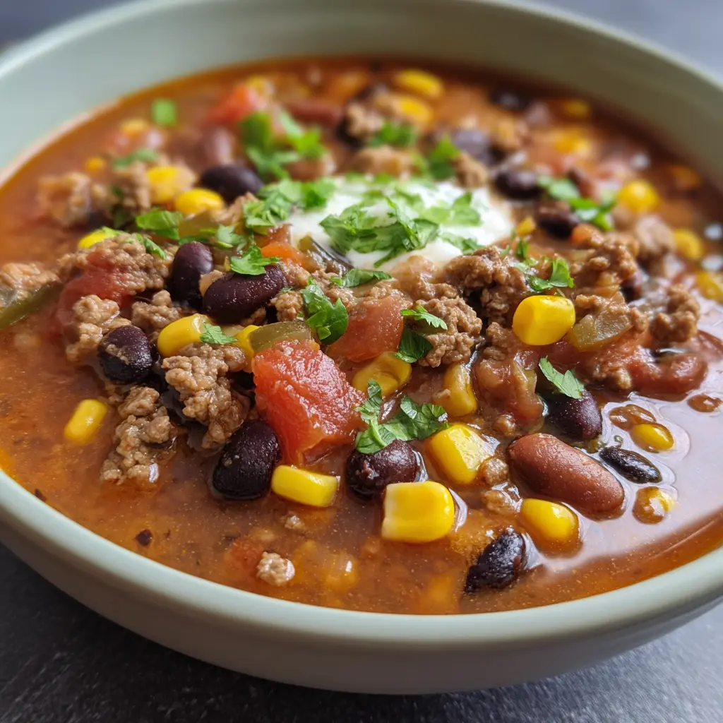 A vibrant close-up of a hearty bowl of easy taco soup recipe, garnished with sour cream and fresh cilantro.