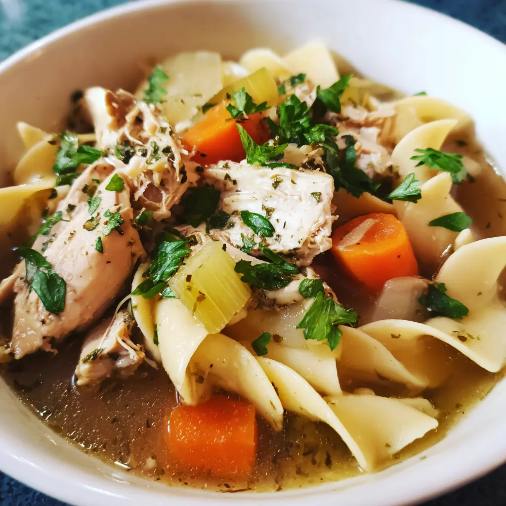 A close-up of a hearty chicken noodle soup in a white bowl, ideal for a comforting crockpot chicken soup recipe, garnished with fresh parsley.