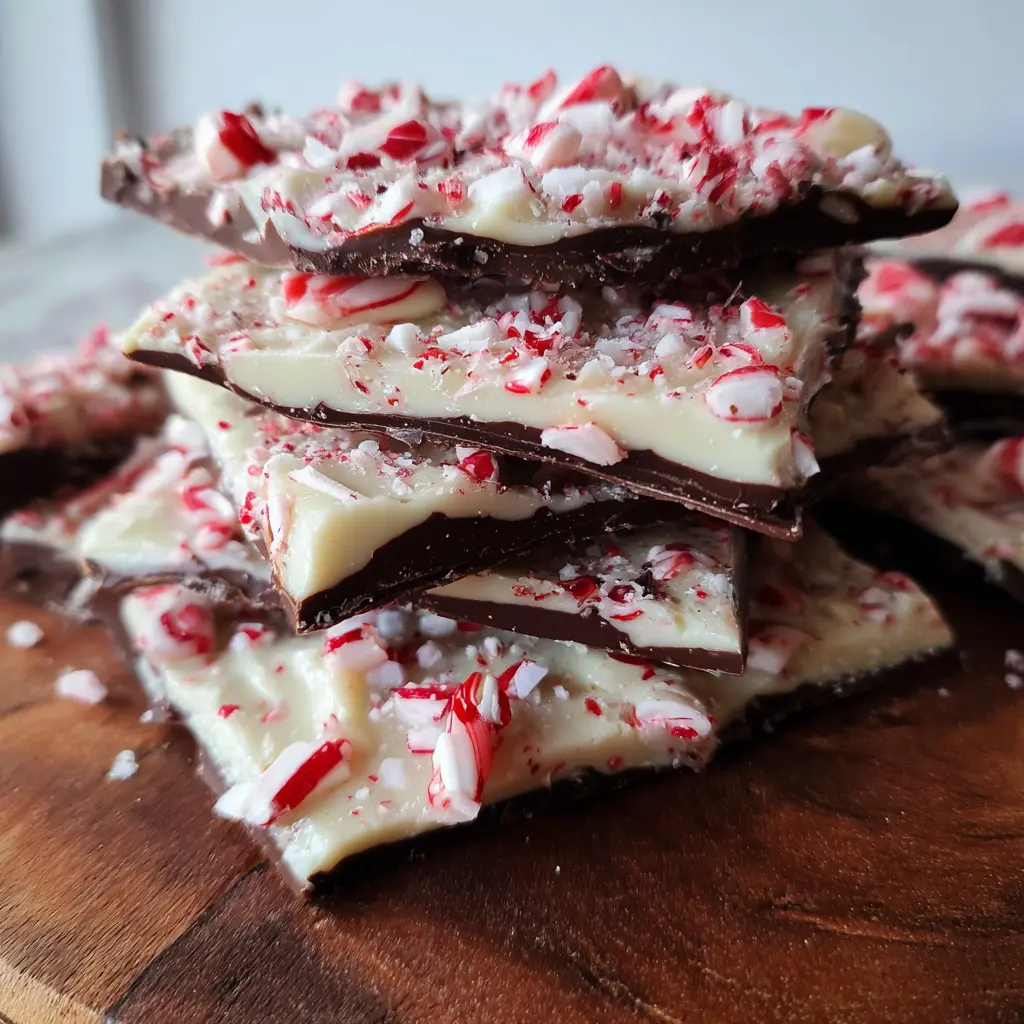 Close-up of a stack of homemade peppermint bark on a rustic wooden surface, perfect for a festive peppermint bark recipe.