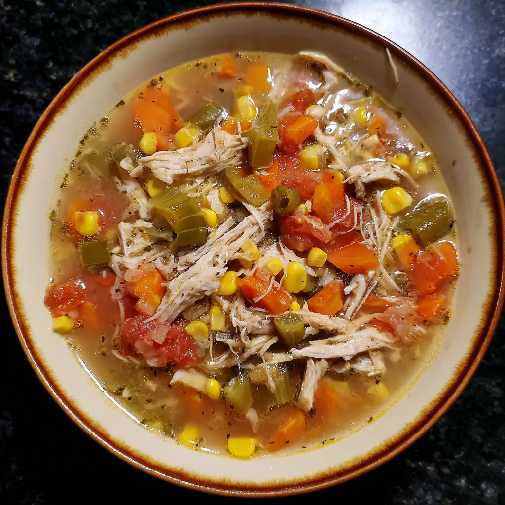 Vibrant homemade chicken vegetable soup recipe with shredded chicken, carrots, celery, corn, and tomatoes in a rustic bowl.