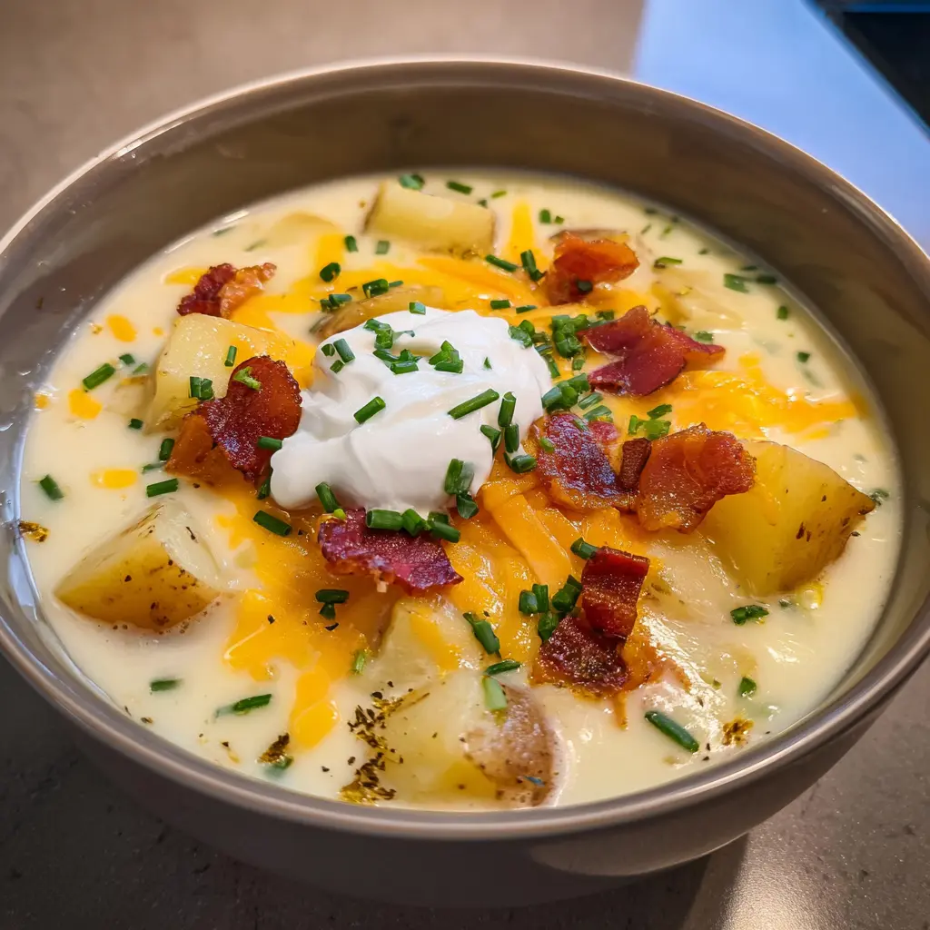 A close-up of a hearty bowl of baked potato soup, generously garnished with sour cream, chives, crispy bacon, and melted cheddar cheese, reflecting a delicious baked potato soup recipe.