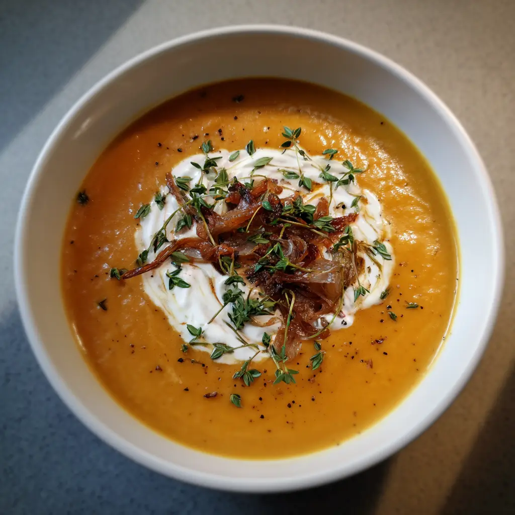 A beautifully garnished bowl of creamy sweet potato soup recipe, viewed from above with caramelized onions and fresh thyme.