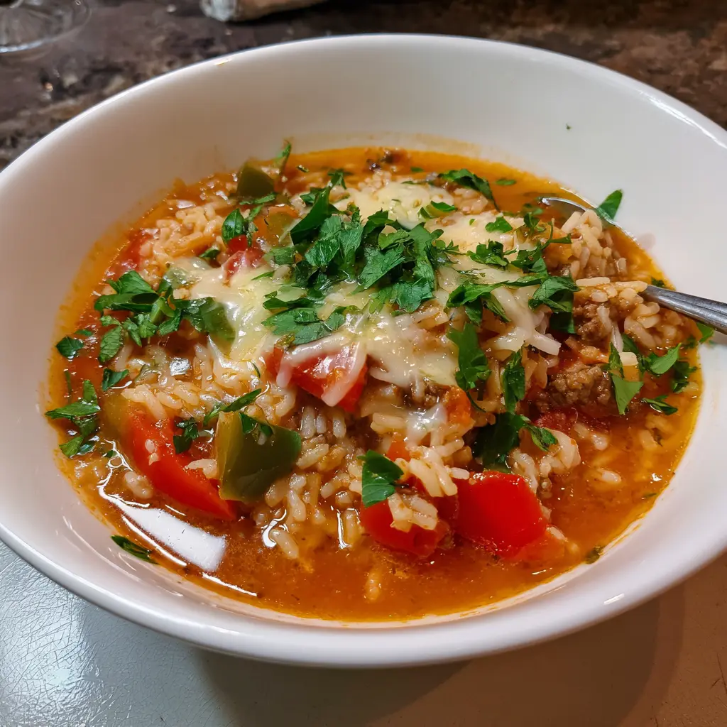 Hearty bowl of stuffed pepper soup recipe with ground meat, rice, bell peppers, melted cheese, and fresh parsley.