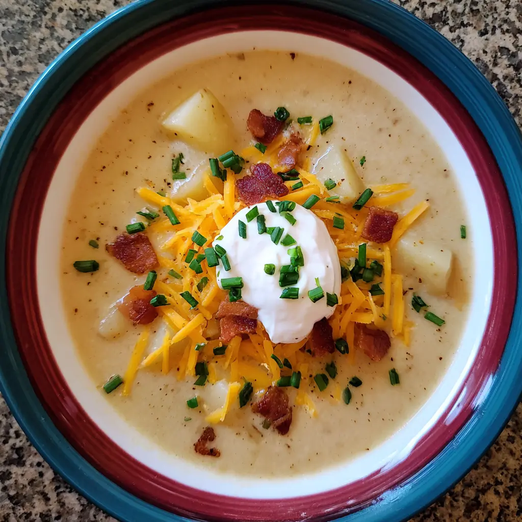 A delicious bowl of loaded potato soup recipe, garnished with vibrant cheddar cheese, crispy bacon, a dollop of sour cream, and fresh chives on a granite countertop.