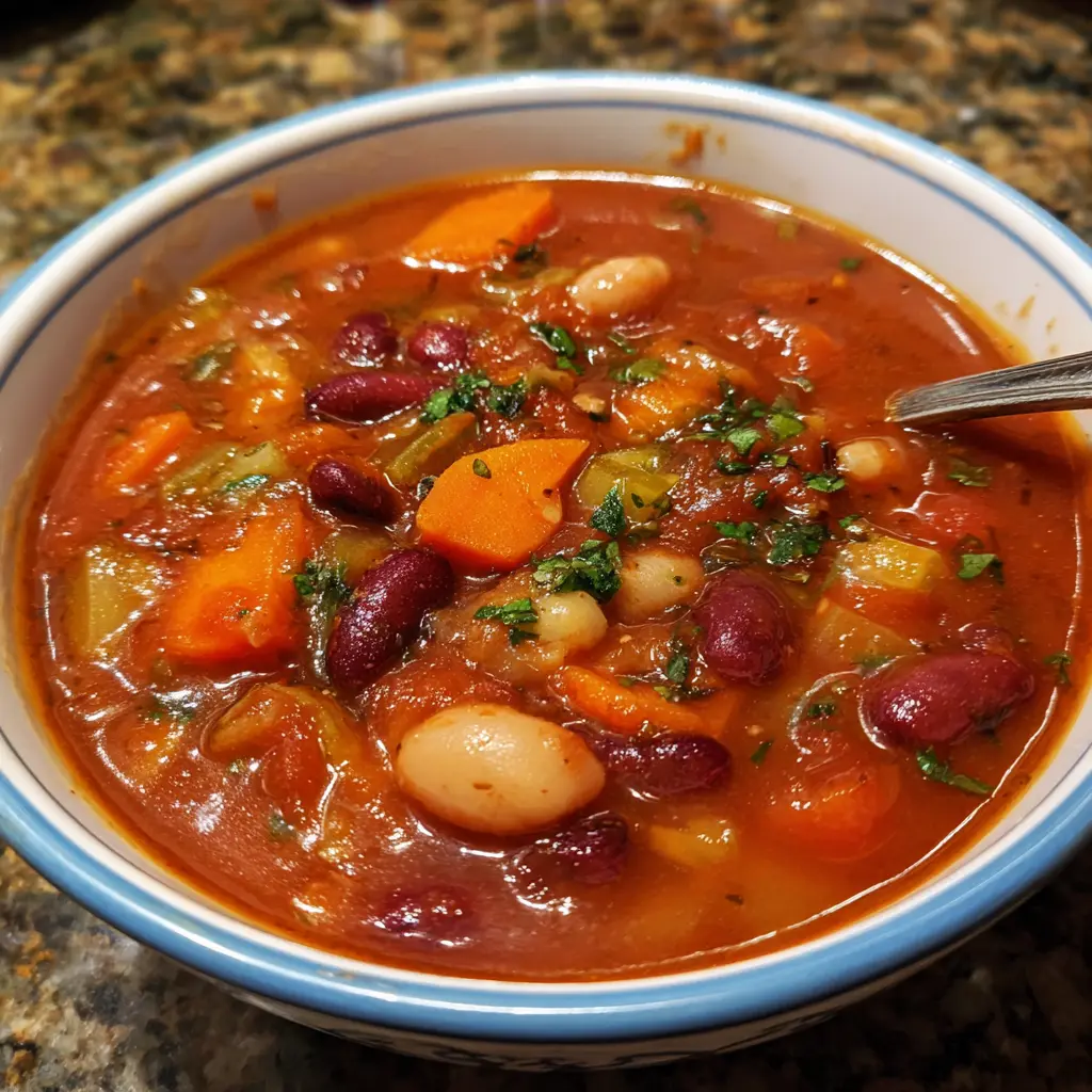 Hearty and vibrant bowl of 15 bean soup recipe garnished with fresh herbs on a mottled countertop.