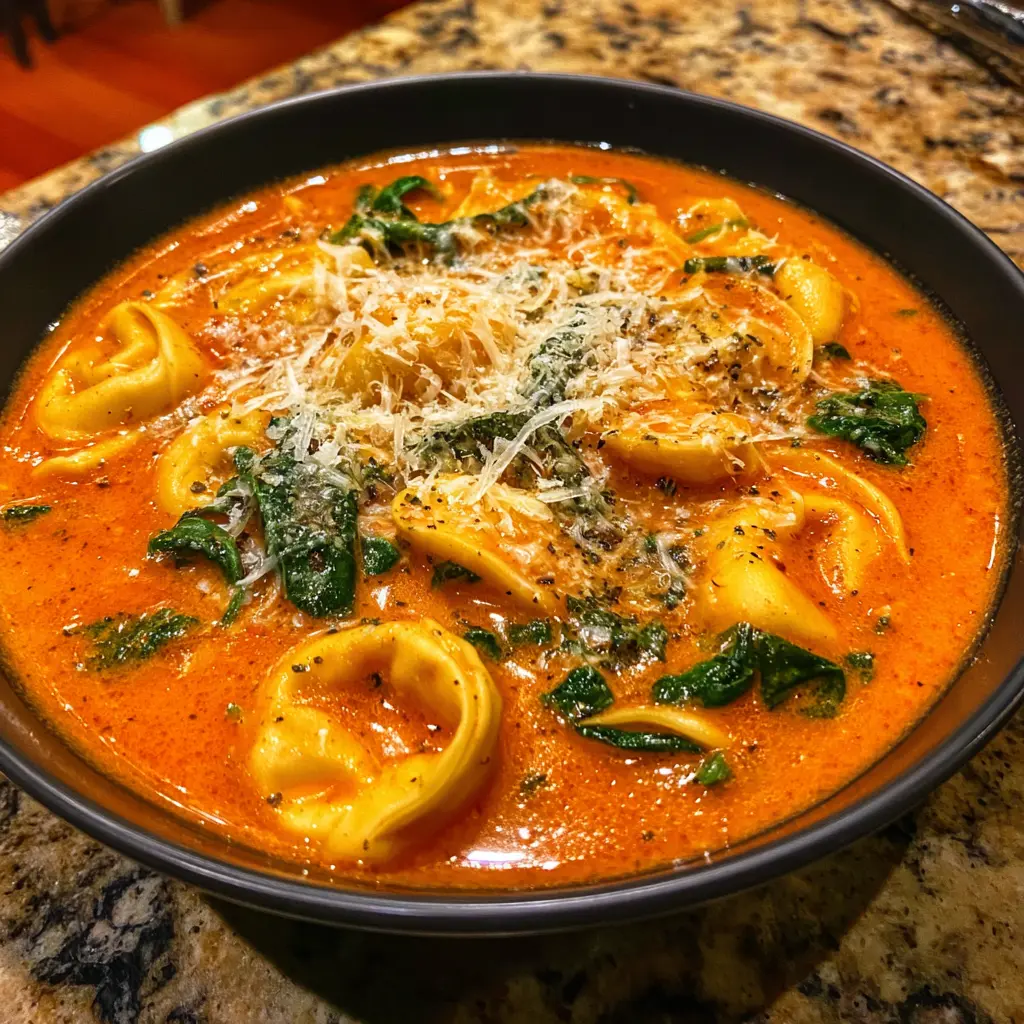 A close-up of a creamy tomato-based tortellini soup recipe, garnished with fresh spinach and grated Parmesan cheese in a dark bowl on a stone countertop.