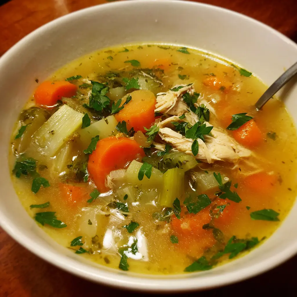 A close-up of a comforting bowl of homemade chicken and vegetable soup, perfect for any chicken soup recipe.