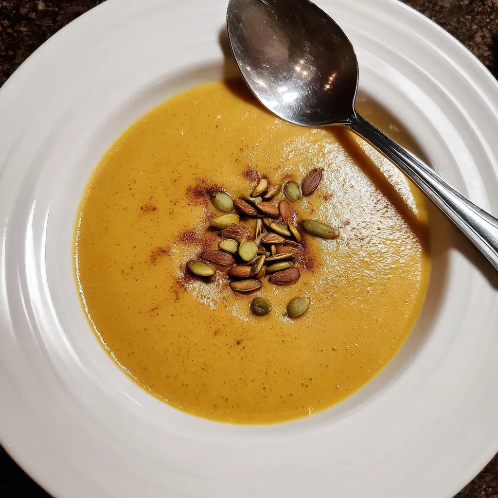 Creamy pumpkin soup recipe garnished with pumpkin seeds and a silver spoon in a white bowl on a dark surface.