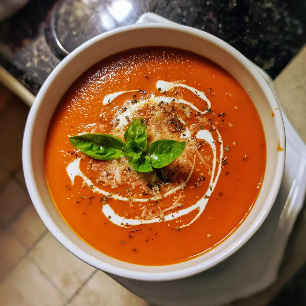 Vibrant, creamy tomato soup garnished with fresh basil and cream swirls, perfect for a delicious homemade tomato soup recipe.