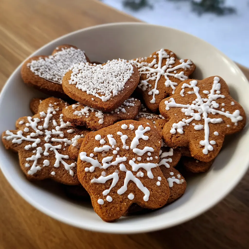 A high-angle view of a bowl overflowing with beautifully decorated heart and snowflake gingerbread cookies, inspiring a perfect gingerbread cookies recipe.
