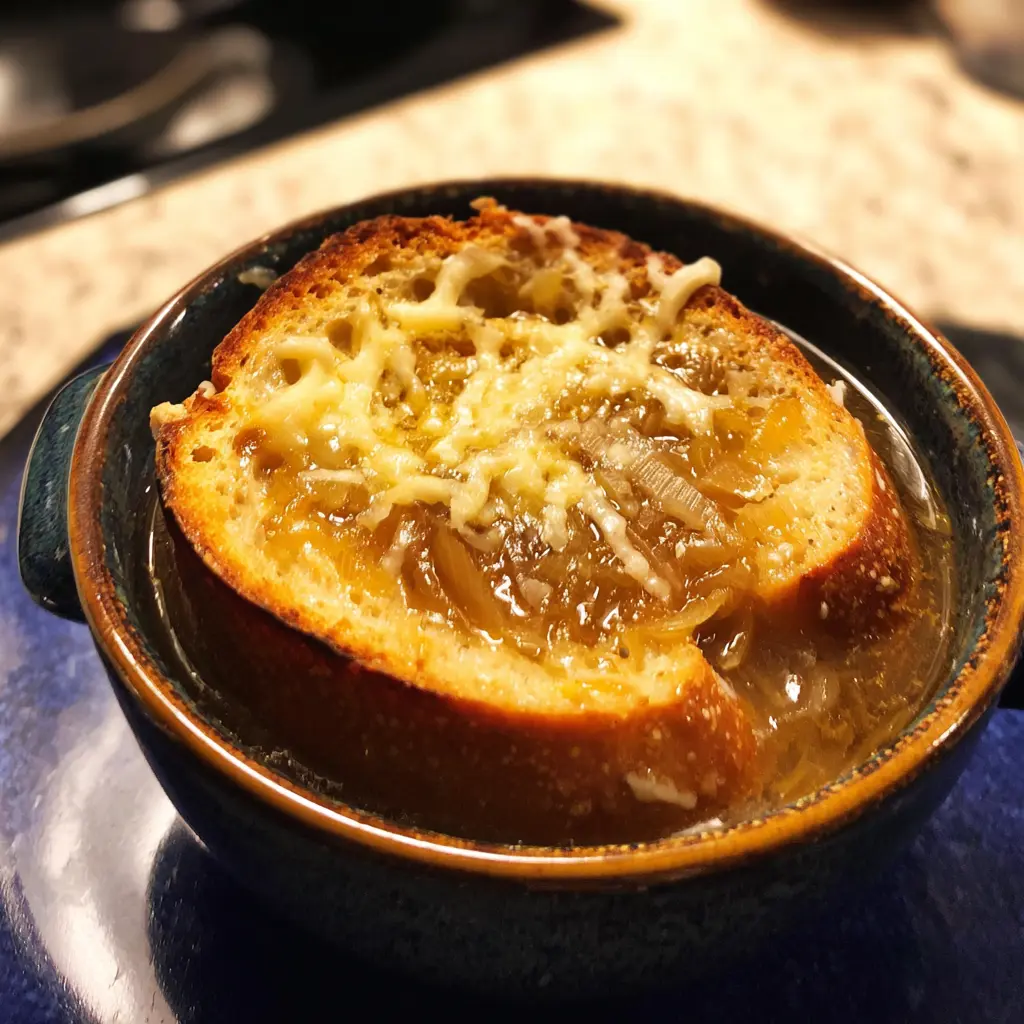 Close-up of a rustic bowl of French onion soup recipe with rich golden broth, caramelized onions, a large toasted crouton, and bubbling melted cheese.