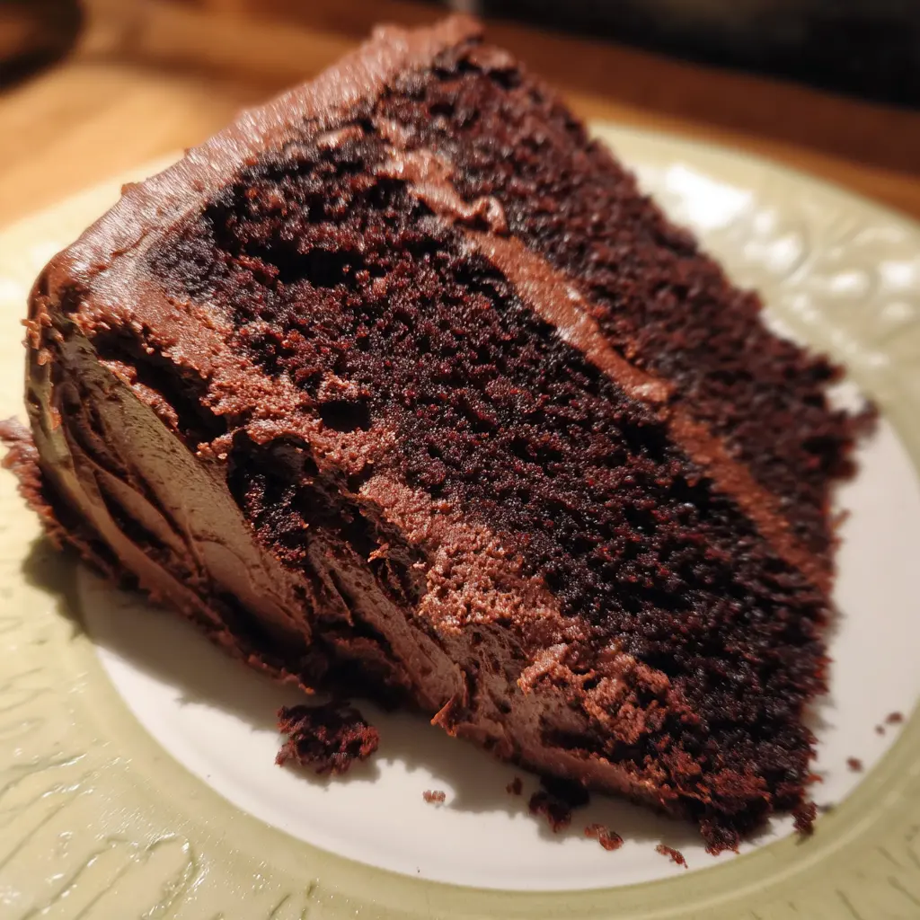 The Best Chocolate Cake Recipe 2 A luscious slice of rich, multi-layered chocolate cake with creamy frosting on a decorative plate.