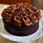 Decadent chocolate cake with intricate piped frosting on a white stand, perfect for a homemade chocolate cake recipe.